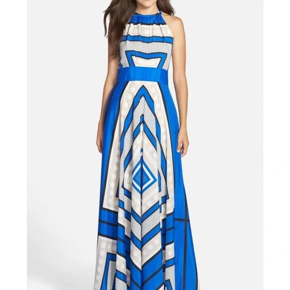 ELIZA J Blue Polka Dot Scarf Print Crepe de Chin Fit & Flare Halter Maxi Dress - Picture 2 of 12